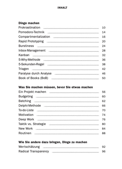 Table of contents of the book MACHEN (How to get Shit done) by Roman Tschäppeler and Mikael Krogerus
